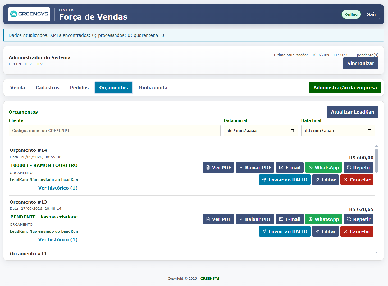 Tela de orçamentos integrada ao HAFID ERP
